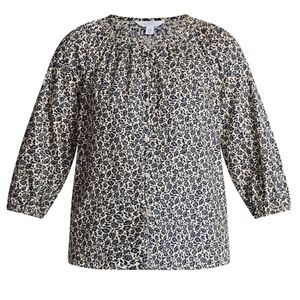 Time and Tru NEW Blue Floral Button Front Blouse 3/4 Sleeve Cotton - Size Small